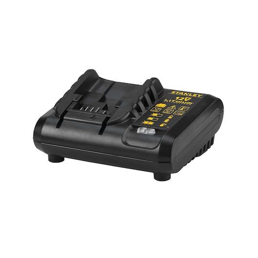 STANLEY SCD12S2K battery charger, black, angled view, with yellow labeling, photography on white background.