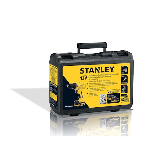STANLEY SCD12S2K lithium-ion cordless drill driver kit, yellow and black hard case, front angle.