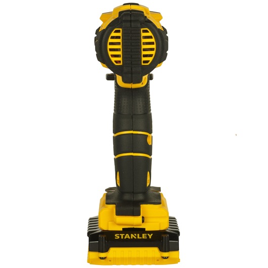 STANLEY SCD20C2K cordless drill, yellow and black, rear view on white background.