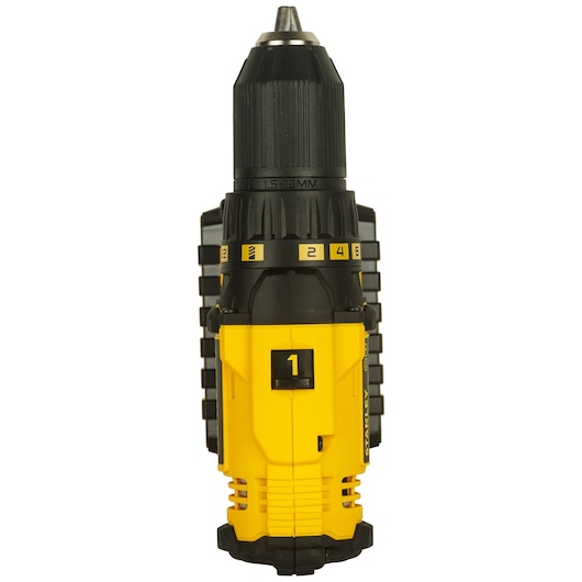 Stanley SCD20C2K cordless drill, yellow and black finish, front angle, product photography