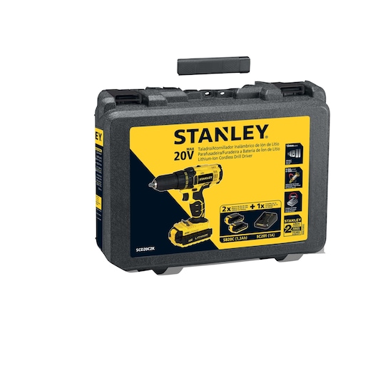 STANLEY SCD20C2K cordless drill kit case, yellow and black, product packaging photo, front angle.