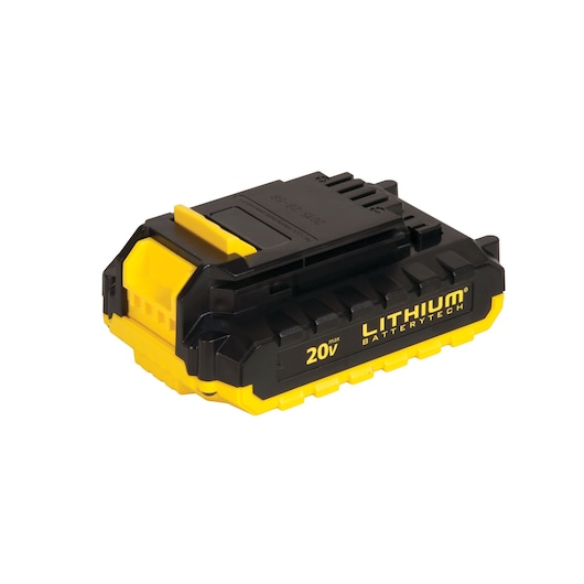 STANLEY SCD20C2 black and yellow 20V lithium battery, angled view on white background.