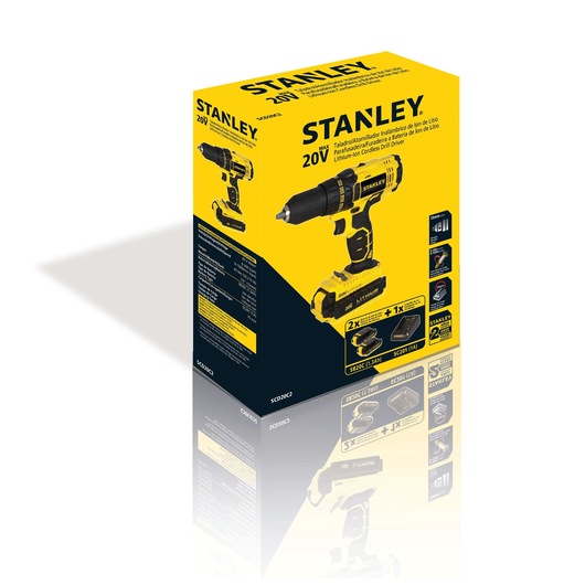 STANLEY SCD20C2 cordless drill box, yellow and black angle view showing product image and specifications.
