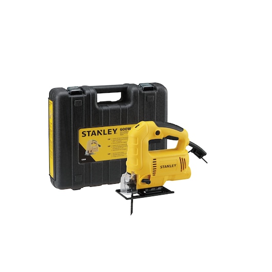 STANLEY SJ60K-B3 yellow jigsaw with black case, product photography on white background.