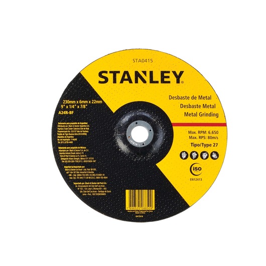 STANLEY STA0415 metal grinding disc, type 27, 230mm diameter, yellow and black, photography on white background.