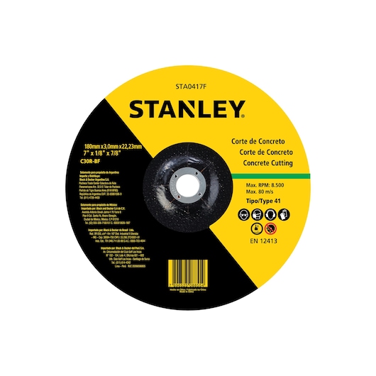 Stanley STA0417F concrete cutting disc, black and yellow, front angle showing size and RPM details.
