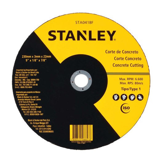 STANLEY STA0418F concrete cutting disc, 230mm x 3mm x 22mm, yellow and black, front angle on white background.