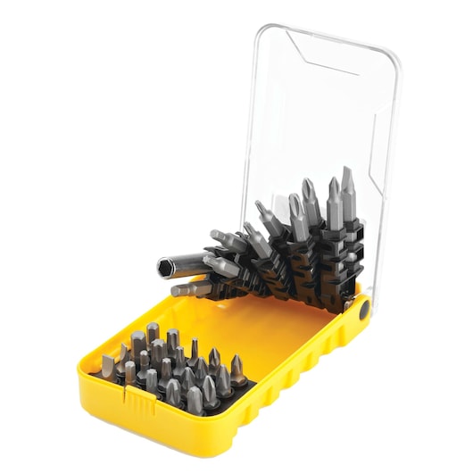 STANLEY STA4140 photography of yellow case with assorted screwdriver bits, open lid, white background angle.
