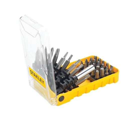 Stanley STA4140 screwdriver bit set in yellow case with clear lid, angled front view.