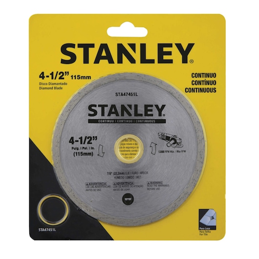 Photo of STANLEY STA47451L 4-1/2 inch diamond blade in yellow packaging, product category photography, front angle.