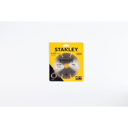 STANLEY STA47452L segmented saw blade in yellow retail packaging, photo from above on white background.