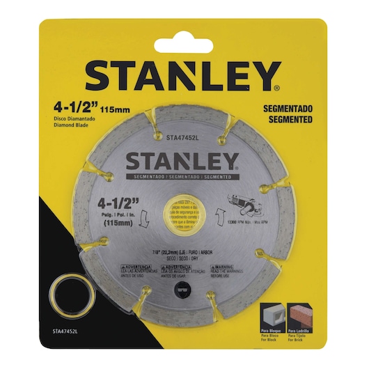 STANLEY STA47452L segmented diamond blade, 4-1/2 inch, photography, front view on yellow packaging.