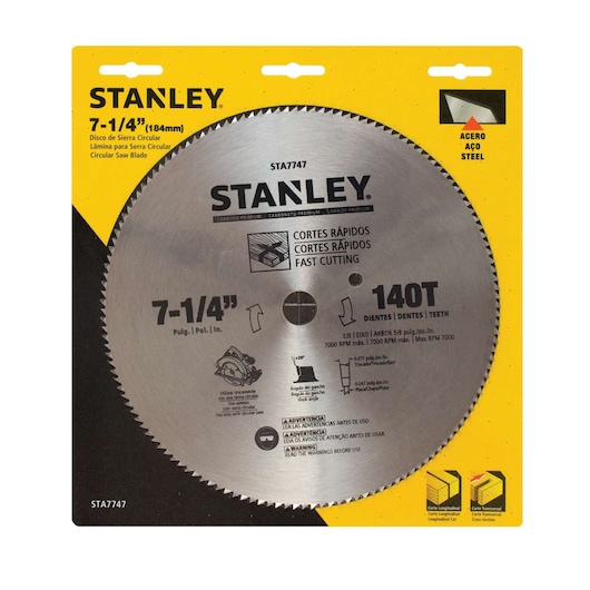 STANLEY STA7747 circular saw blade 7-1/4 in, 140 teeth, steel, front angle packaging photo