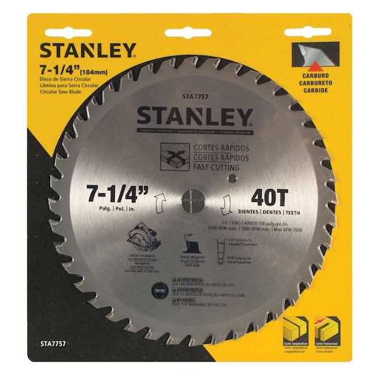 STANLEY STA7757 circular saw blade 7-1/4 inch 40T carbide teeth in packaging, front angle.
