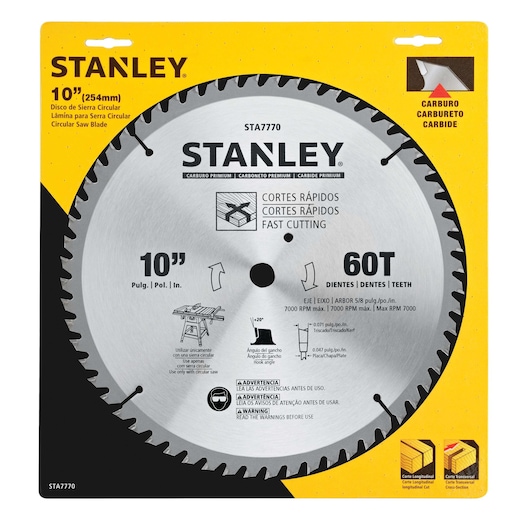 STANLEY STA7770 10-inch circular saw blade, carbide-tipped, 60 teeth, fast cutting, in retail packaging, front angle.