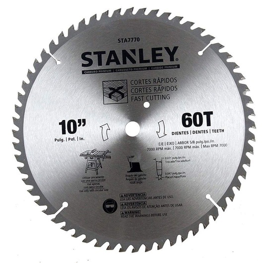 Stanley STA7770 10 inch 60T circular saw blade, silver finish, photographed from above on a white background.