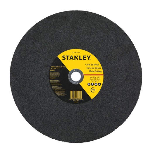 STANLEY STA8011R metal cutting disc, black with central yellow label, front angle on white background.