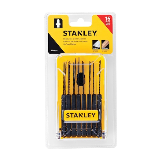 Photo of STANLEY STA9310 jig saw blades 16-piece set in yellow and black packaging, front view on white background.