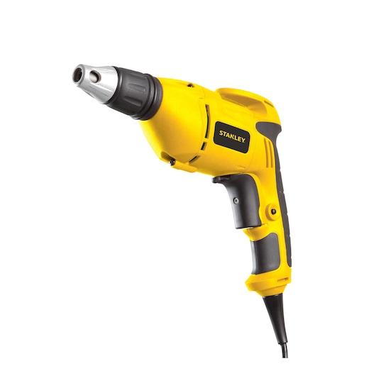 Photo of STANLEY STDR5206 electric screwdriver, yellow and black, side angle, corded tool.
