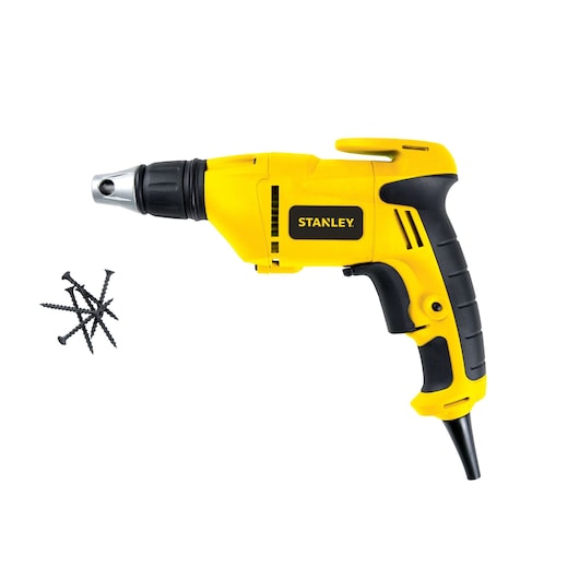 Photo of STANLEY STDR5206 yellow electric screwdriver with black grip and screws, side angle, white background.