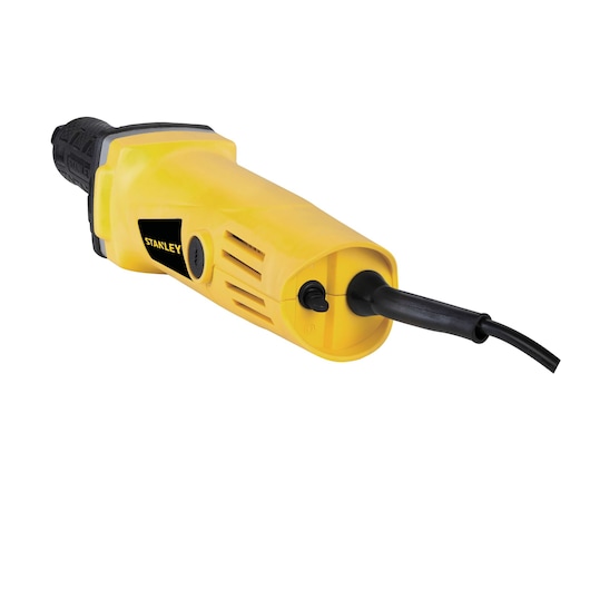 STANLEY STEL861 yellow rotary tool, side angle on white background, showing power cord and vent details.