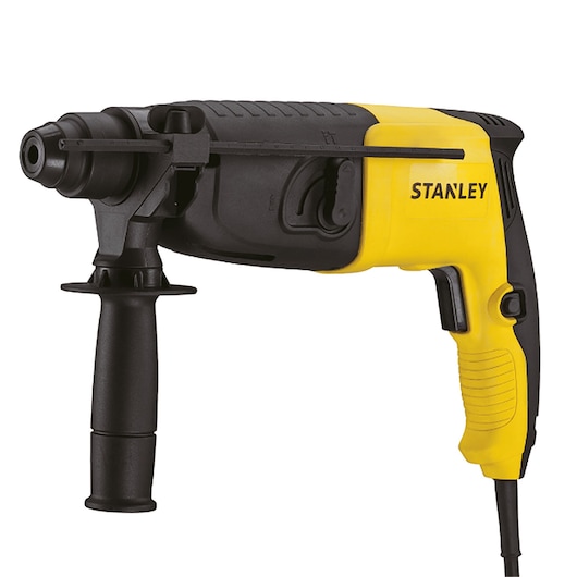 STANLEY STHR202K yellow and black corded rotary hammer drill side angle on white background.