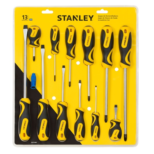 Stanley STHT74967 screwdriver set, 13-piece, black and yellow handles, photography, front angle on white background.