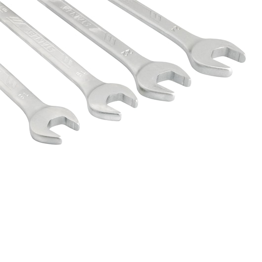 STANLEY STMT73649-LA set of four silver open-end wrenches, angled front view on white background.