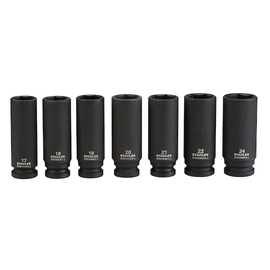 STANLEY STMT74737 black deep impact socket set, front angle, seven metric sizes, white background.
