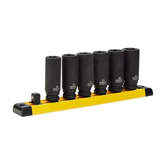 STANLEY STMT74737 6-piece socket set on yellow rack, side angle, black heavy-duty sockets.