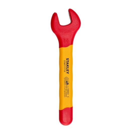 STANLEY STMT77719-LA insulated open-end wrench, red and yellow, shown from the front on white background.