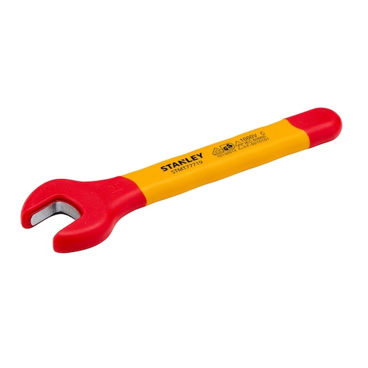 Stanley STMT77719-LA insulated open-end wrench, red and yellow handle, product side view on white background.