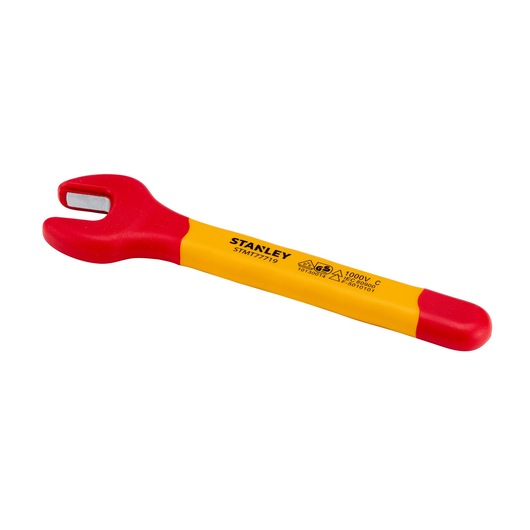 STANLEY STMT77719-LA insulated open-end wrench, red and yellow handle, side angle on white background.
