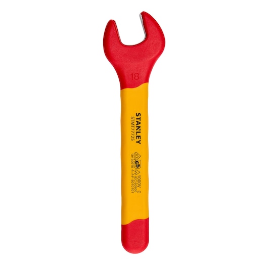 STANLEY STMT77725-LA insulated open-end wrench, red and yellow, photography, top view, white background.