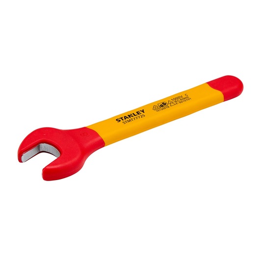 STANLEY STMT77725-LA insulated open-end wrench, red and yellow handle, photography on white background.