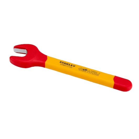 STANLEY STMT77725-LA insulated open-end wrench, red and yellow handle, left side view, white background.