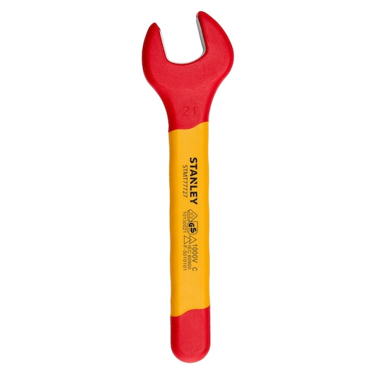 STANLEY STMT77727-LA insulated open-end wrench, red and yellow, front angle on white background.