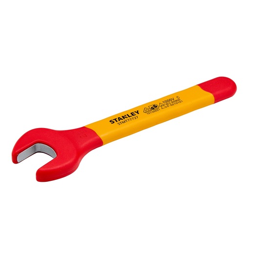 Photo of STANLEY STMT77727-LA insulated open-end wrench, red and yellow, angled on white background.