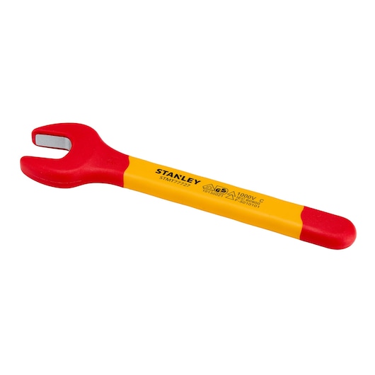 STANLEY STMT77727-LA insulated open-end wrench, red and yellow handle, product side angle on white background.