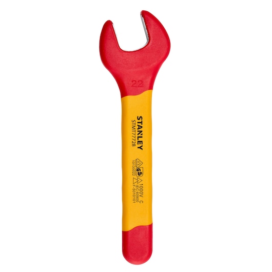 STANLEY STMT77728-LA insulated open-end wrench, red and yellow, top view on white background.