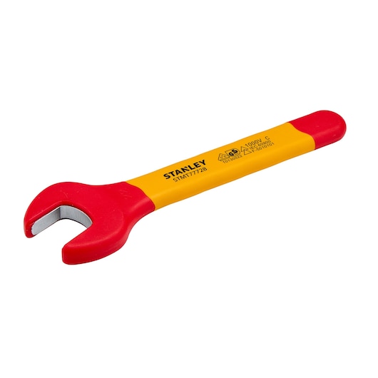 STANLEY STMT77728-LA insulated open-end wrench, red and yellow handle, angled right on white background.
