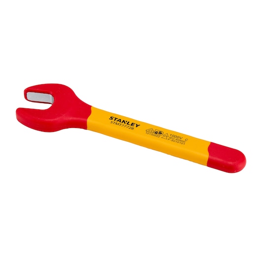 STANLEY STMT77728-LA insulated open-end wrench, red and yellow, side angle on white background.
