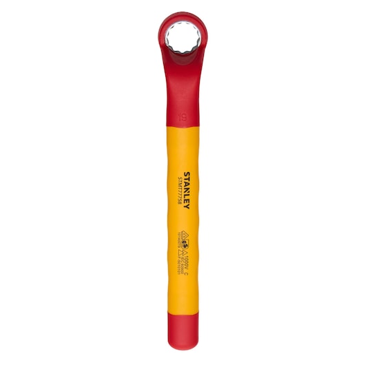 Stanley STMT77758-LA insulated box end wrench, yellow and red, front angle, tool category.