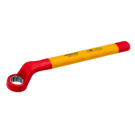 STANLEY STMT77758-LA insulated box end wrench with yellow handle and red ends, angled design, side view.