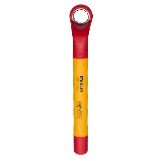 STANLEY STMT77759-LA insulated box end wrench, red and yellow, front view on white background.