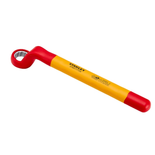 STANLEY STMT77759-LA insulated box end wrench with red and yellow handle, product angle on white background.