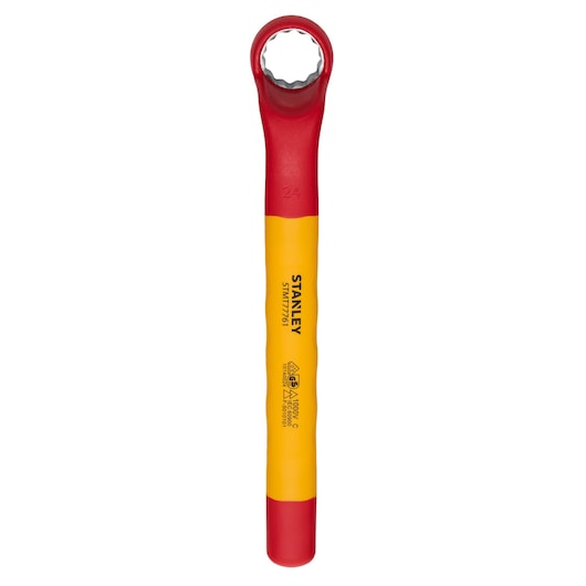 STANLEY STMT77761-LA insulated box end wrench, red and yellow, product top view on white background.