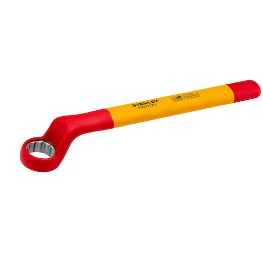 STANLEY STMT77761-LA insulated box end wrench, yellow and red, angled view on white background.