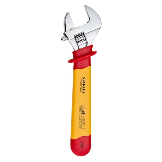 Photo of STANLEY STMT77766-LA adjustable wrench with red and yellow insulated handle, front angle on white background.