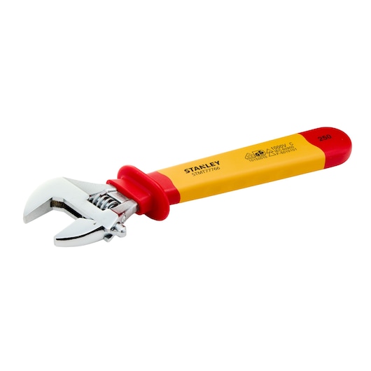 STANLEY STMT77766-LA adjustable wrench with insulated yellow and red handle, left side angle on white background.